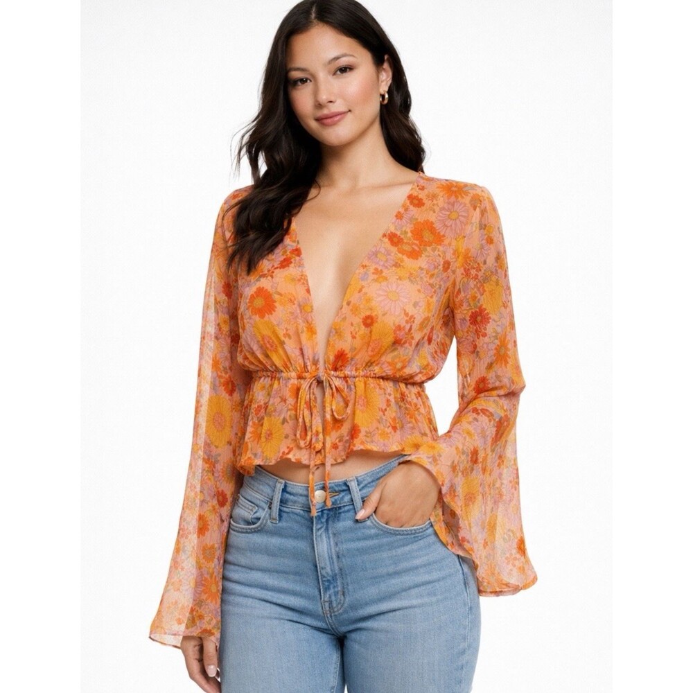 Wild Fable Floral Sheer Tie-Front Bell Sleeve Crop Top Boho Retro Festival M EUC